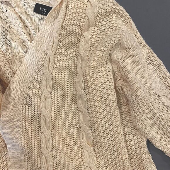 Vici Cable Knit Cardigan Sweater Small/Medium Open Front Ivory Cream Pockets - Picture 6 of 8